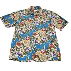Hawaiian Shirt XL Blue Yellow Aloha Tropical Floral Resortwear Territory Ahead
